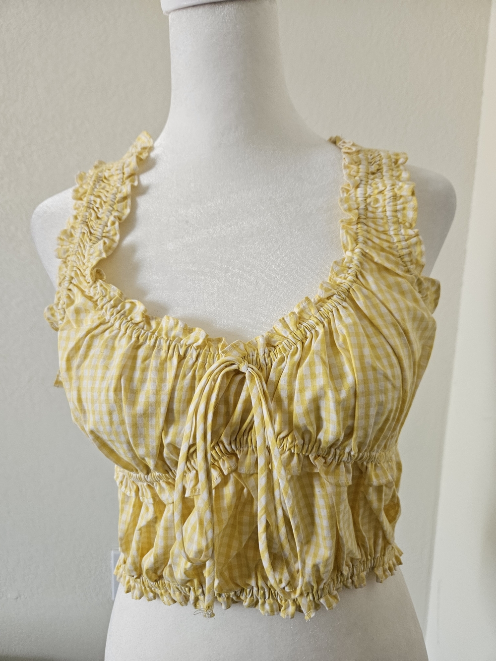 Zara Yellow Gingham Ruffle Tie-Front Crop Top